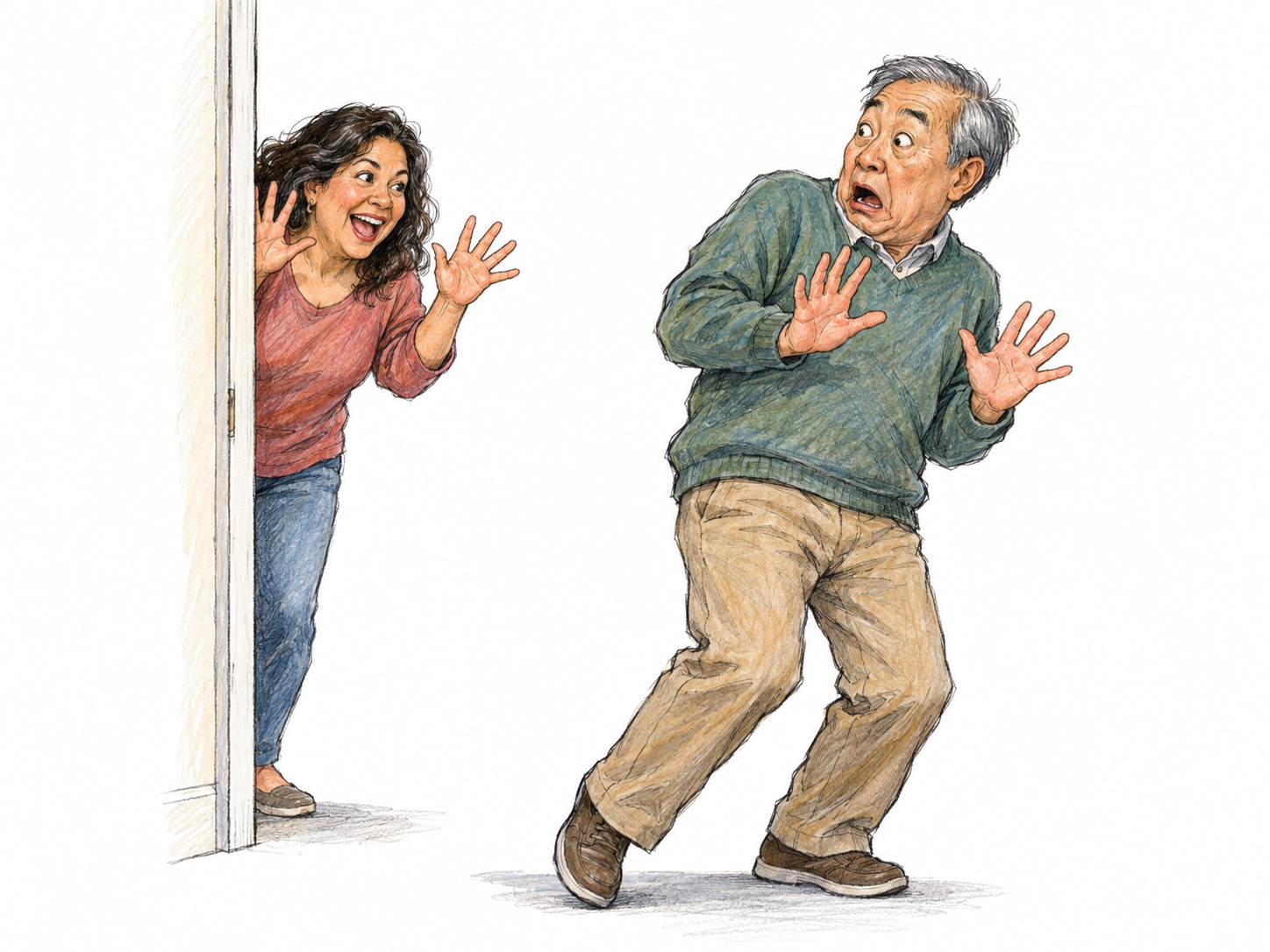 A woman unexpectedly pops out from behind a doorway with raised hands, startling an older man who recoils with widened eyes and lifted palms.