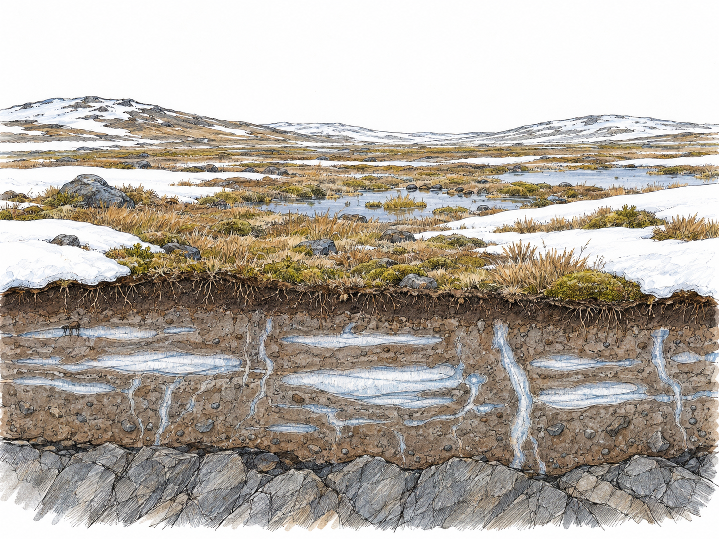 A compact treeless Arctic landscape with low mosses and sedges, scattered snow patches, and a foreground soil cutaway revealing a thin surface layer above thick frozen earth threaded with ice.