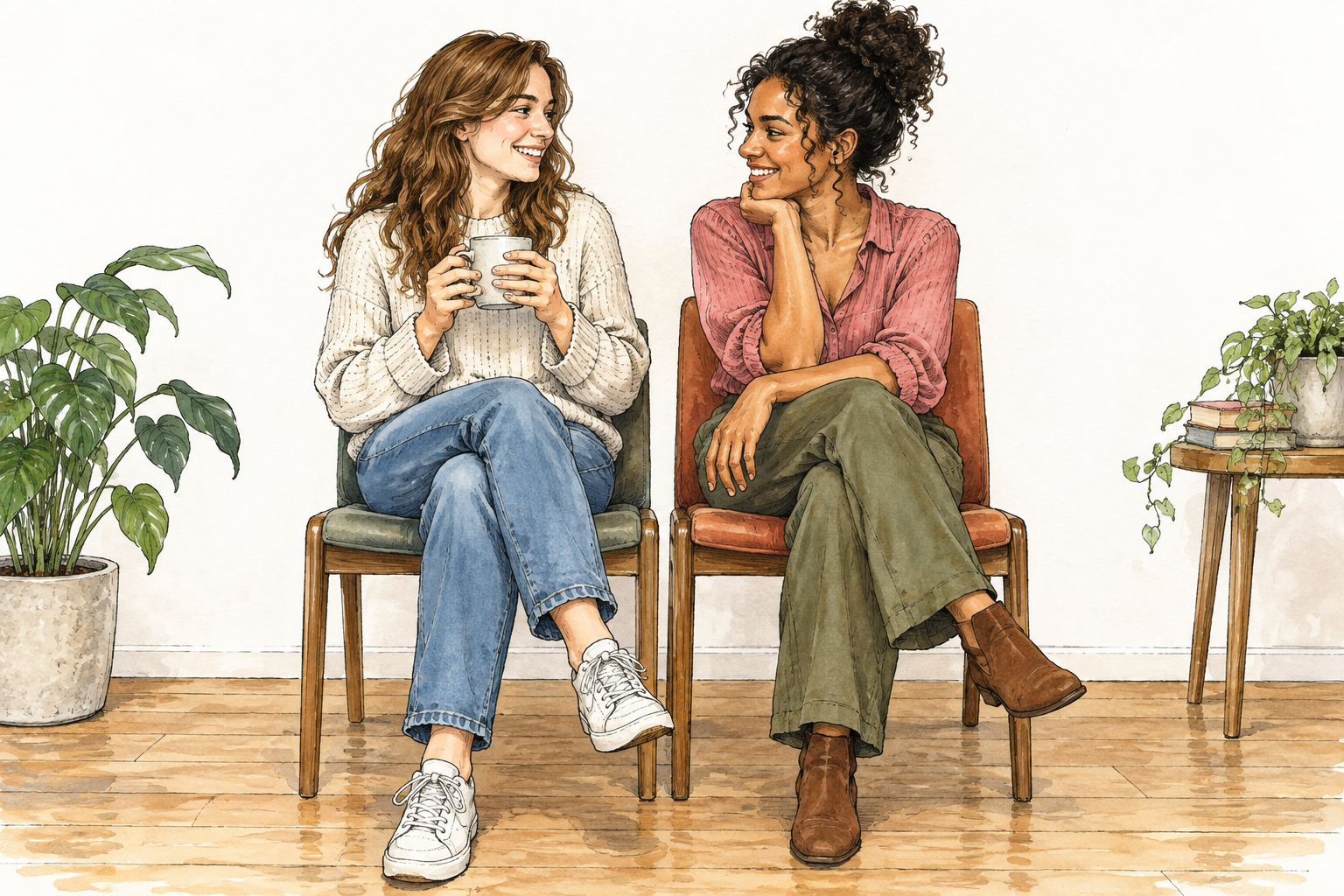 Two chairs stand directly beside each other on simple floor, one occupied by woman and one by friend, unmistakably next to.