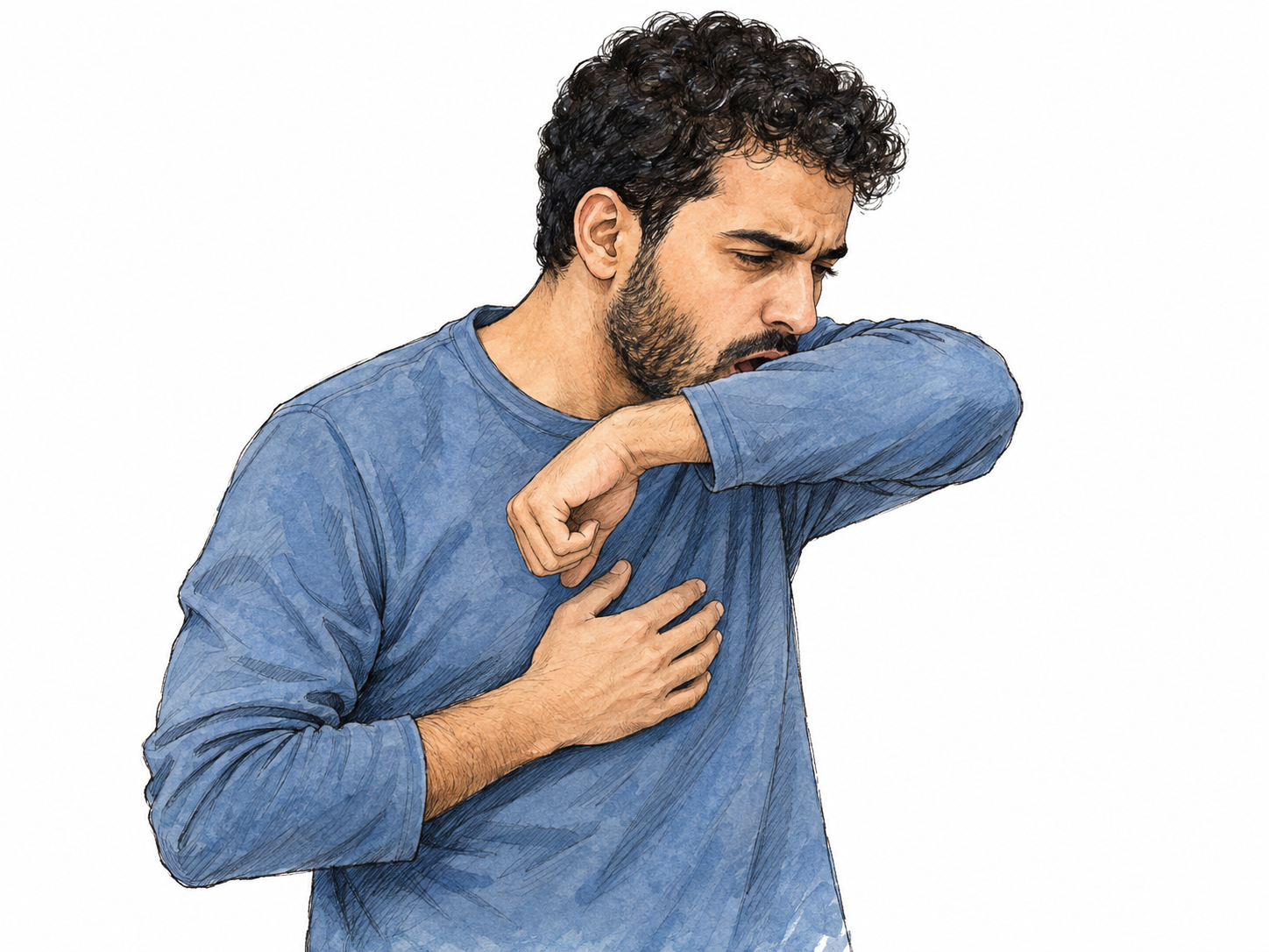 A young adult man coughing into his bent elbow, with a visibly contracted torso and open mouth directed toward the sleeve.