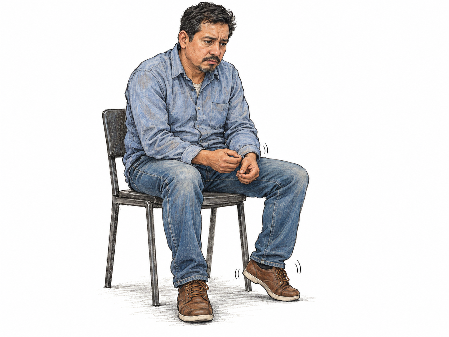 A seated man fidgets, picking at his shirt cuff while bouncing one heel; his compact, restless movements contrast with the still chair and his other planted foot.