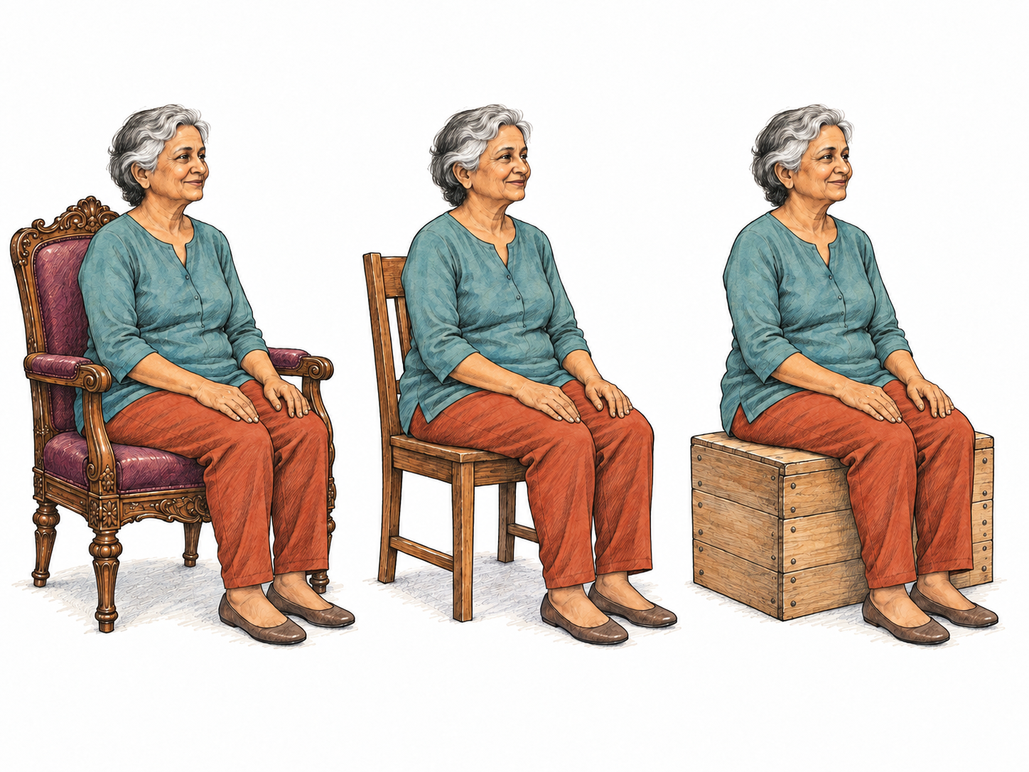 Show the essence of a seat through three radically different examples: ornate, ordinary, and improvised.