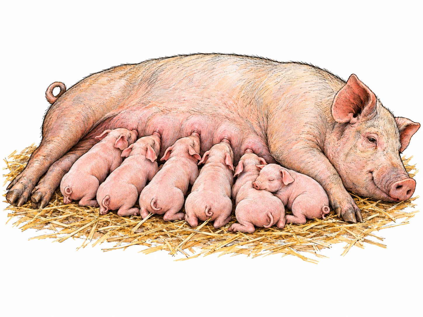 A compact litter of very young piglets nursing together beside their reclining sow, making the newborn sibling group unmistakable.