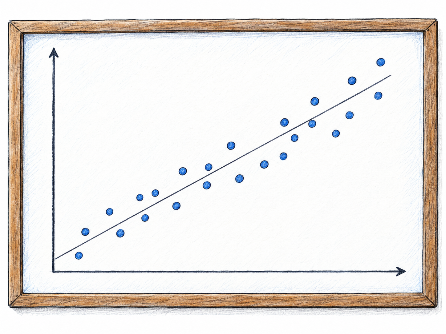 A scatterplot on a single plotting board shows a strong positive correlation: separate data points cluster around an upward diagonal, with enough natural scatter to distinguish a relationship from exact equality.
