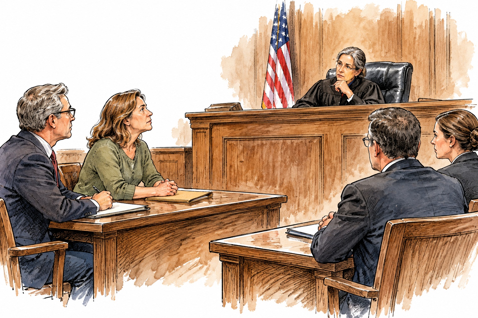 Modern courthouse hearing: focus on a casually dressed middle-aged woman seated as a party to a lawsuit beside her suited attorney, looking seriously toward the judge; opposing party and their lawyer across aisle.