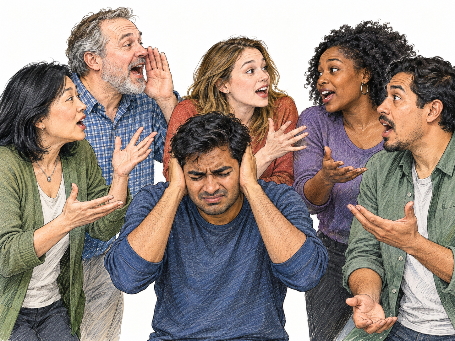 A compact crowd talking loudly over one another, with overlapping conversational gestures and several visibly raised voices; a man at its center winces and covers his ears.