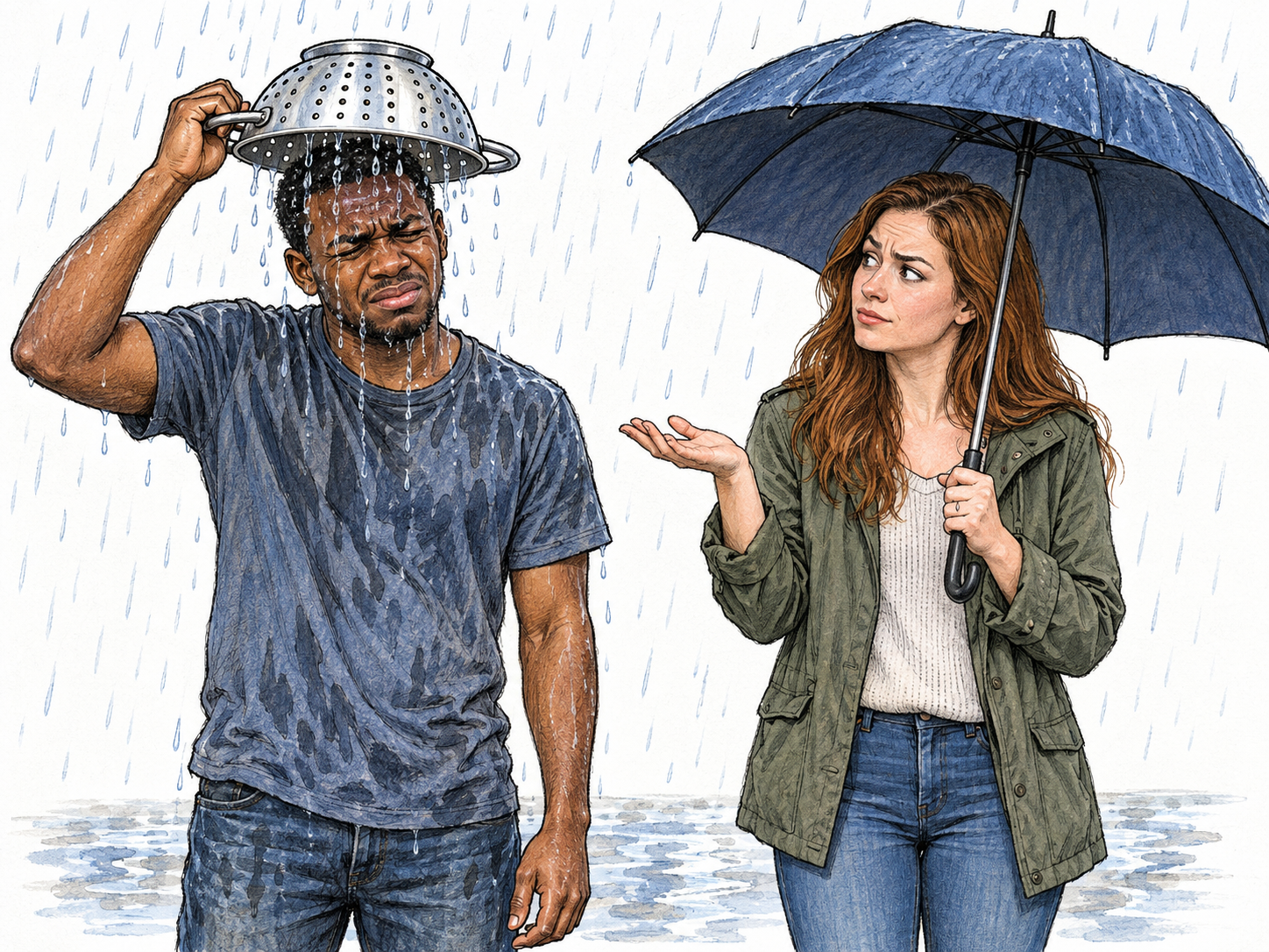 A man uses a kitchen colander as rain protection, although rain streams through its holes onto his head.