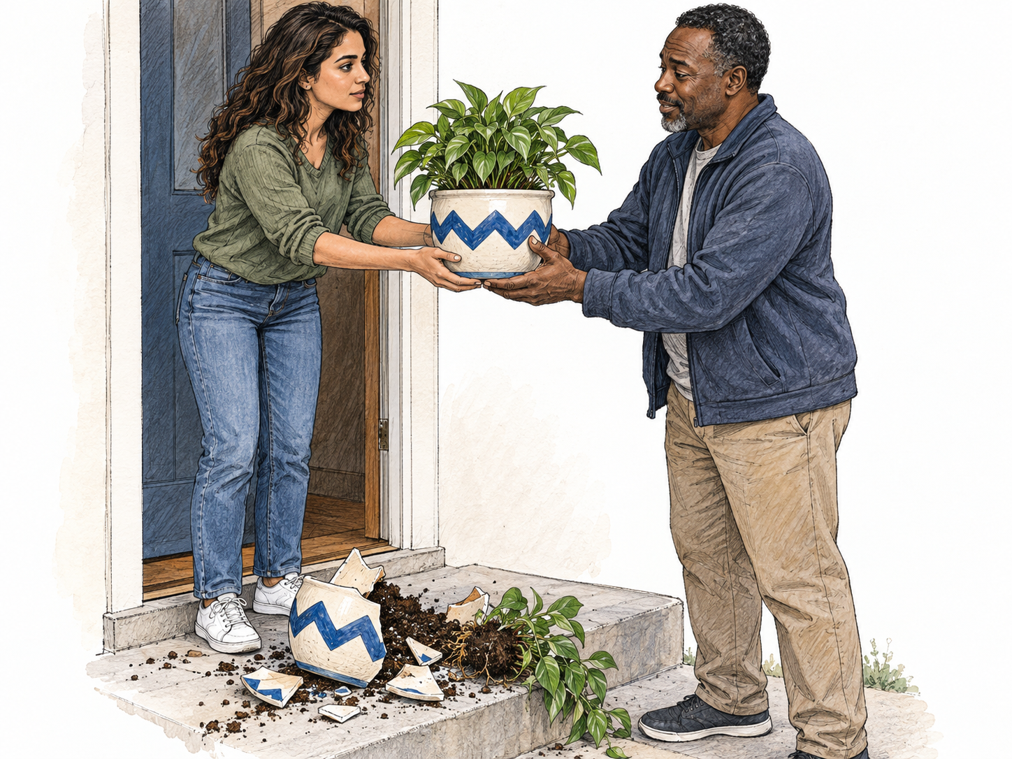 A woman gives a man an intact replacement for his shattered ceramic planter; matching distinctive decoration makes the compensation visually explicit.