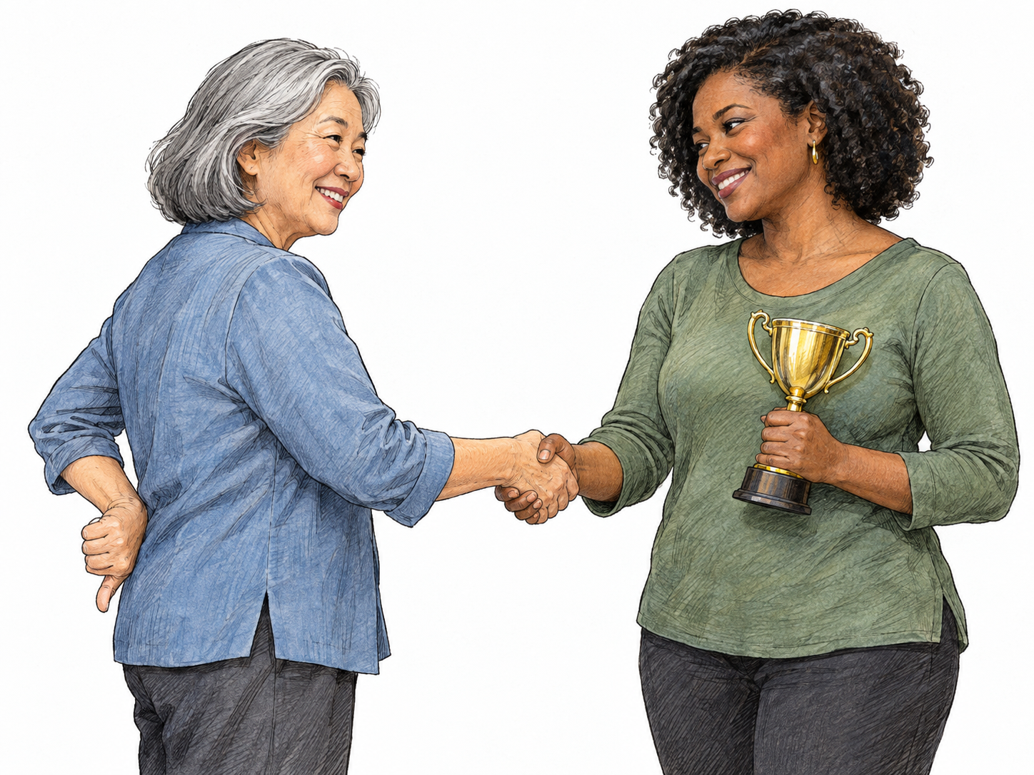 A woman smiles warmly and shakes a prizewinner’s hand while concealing an emphatic thumbs-down behind her back, visibly contradicting her congratulatory manner.