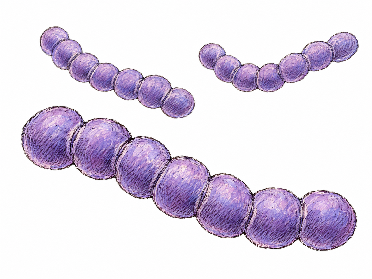 A magnified biological illustration of round streptococcal cells linked end-to-end in gently curved chains, making their spherical shape and characteristic arrangement immediately visible.
