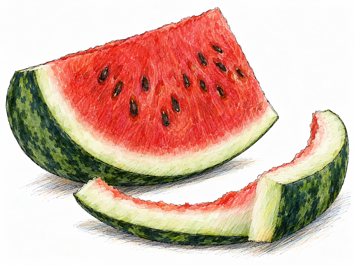 A cut watermelon wedge beside a curved strip of its thick rind, with the strip's green outer skin and substantial pale inner layer clearly exposed.