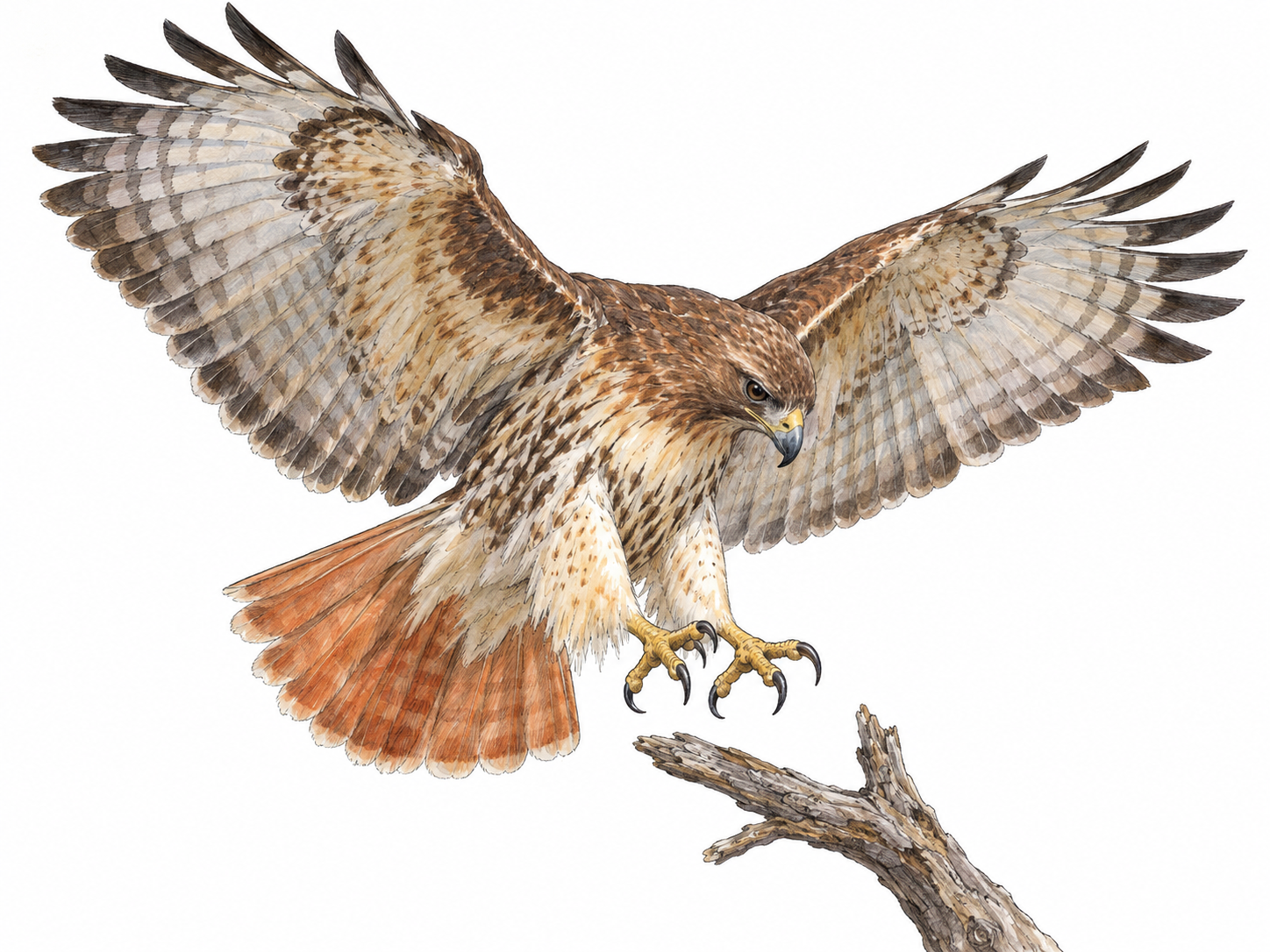 A red-tailed hawk descending onto a bare branch, broad wings spread and sharp curved talons extended visibly toward the perch.