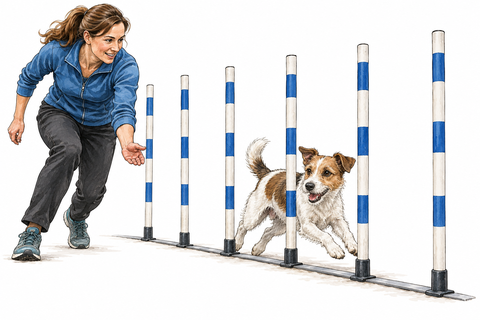 Small dog rapidly weaves slalom poles in agility course, handler watches.