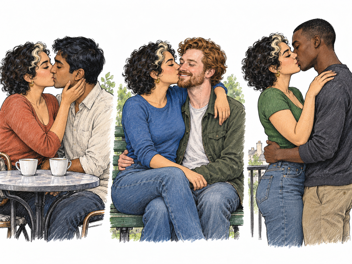 Three separate informal romantic encounters show the same woman sharing mutual affection with three different men, emphasizing repeated casual romantic involvement rather than attraction alone.
