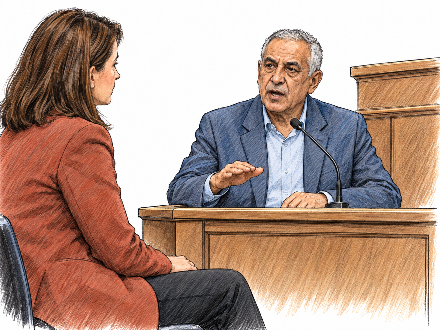 A witness confidently presents testimony from a courtroom witness stand, addressing an attentive questioning attorney with a firm, composed speaking gesture.
