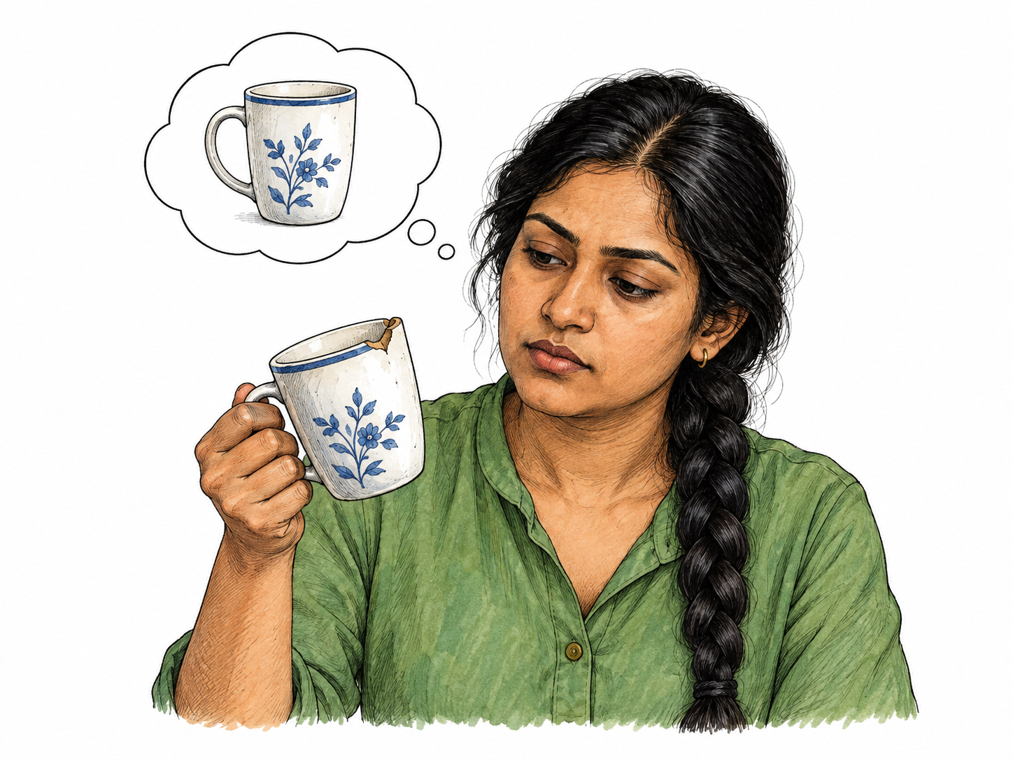 Woman compares imagined perfect whole ceramic mug in small thought bubble with actual chipped mug she holds; actual chipped object and serious accepting face dominate, no text.