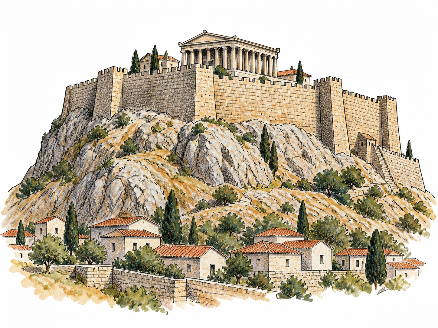 Compact ancient Greek hilltop citadel: fortified stone wall crowns rocky raised hill enclosing a small columned temple, a few lower city houses at base establish HIGH fortified portion.