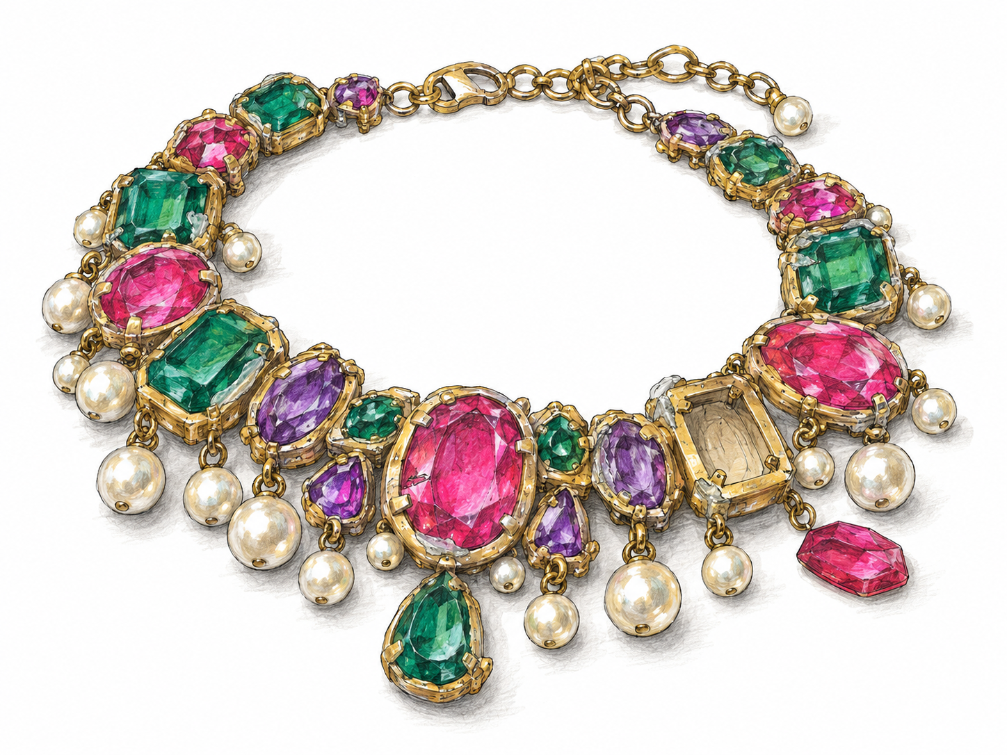 A gaudy, cheaply made costume necklace with oversized clashing imitation jewels, peeling gold-colored coating, visible glue, and a missing stone exposing a plastic setting.
