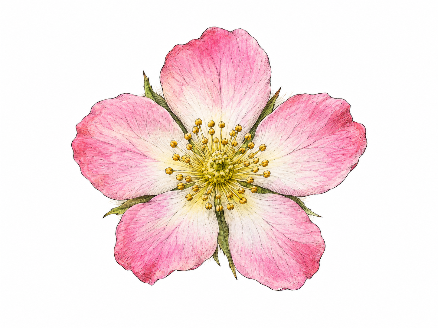 Single open five-petaled flower seen face-on, all petals subtly emphasized as the ring surrounding center; stem/calyx subdued, no labels.