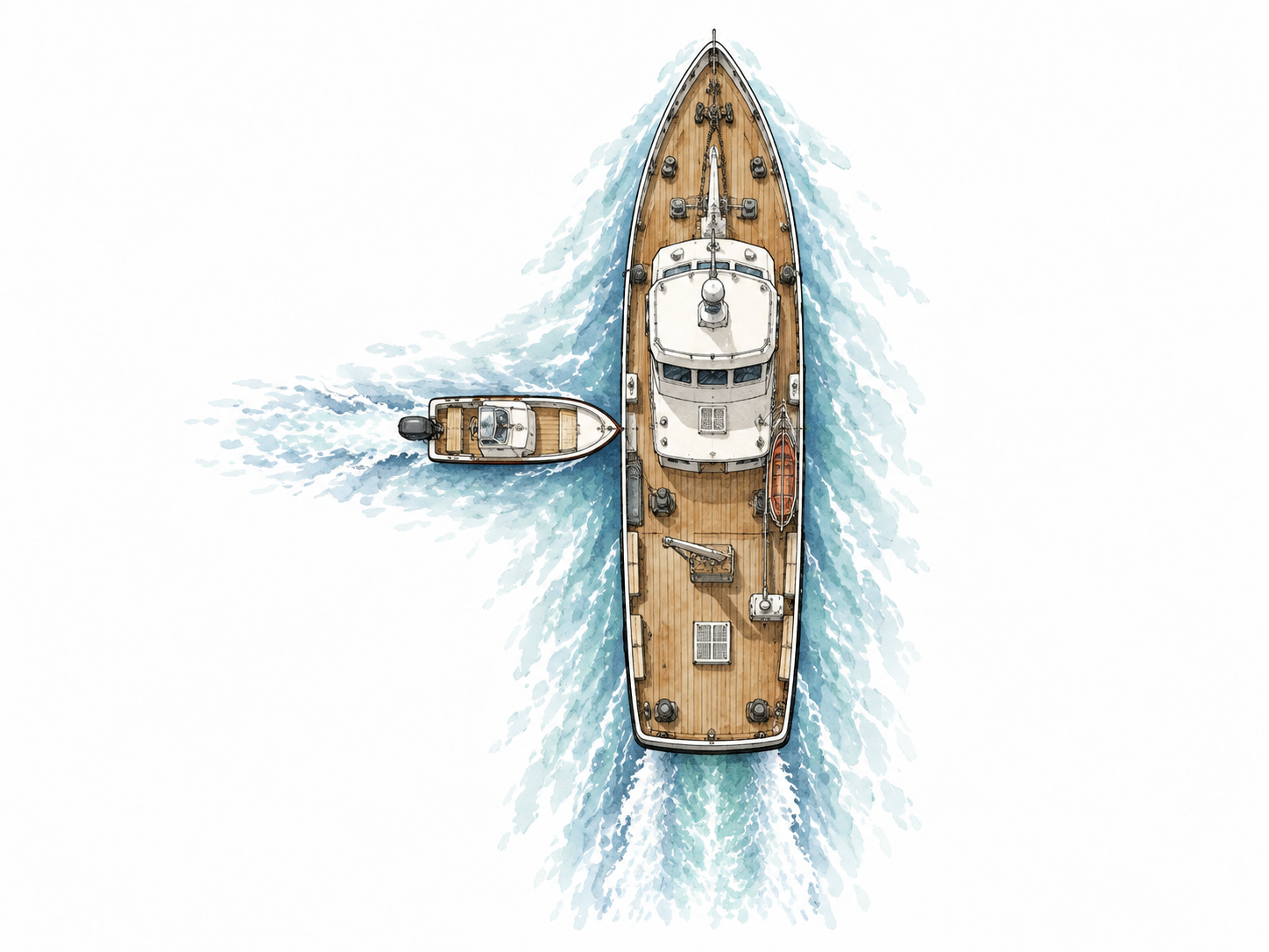 Top-down view of a ship with another small boat directly beside its midpoint at a right angle, no letters.