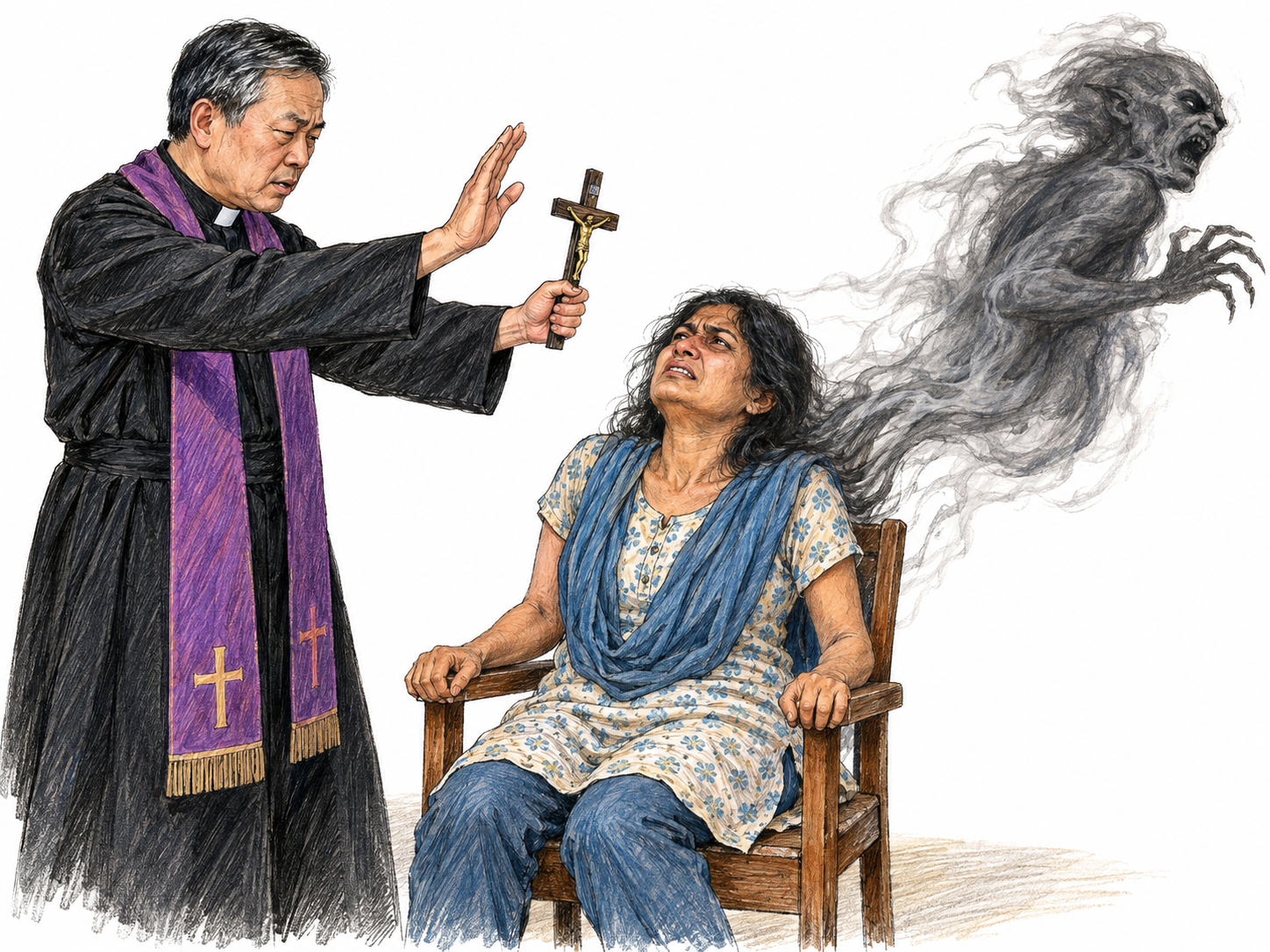A Catholic priest holds a crucifix toward a seated woman during an exorcism; a translucent, menacing spirit visibly separates from her and recoils away from the crucifix.