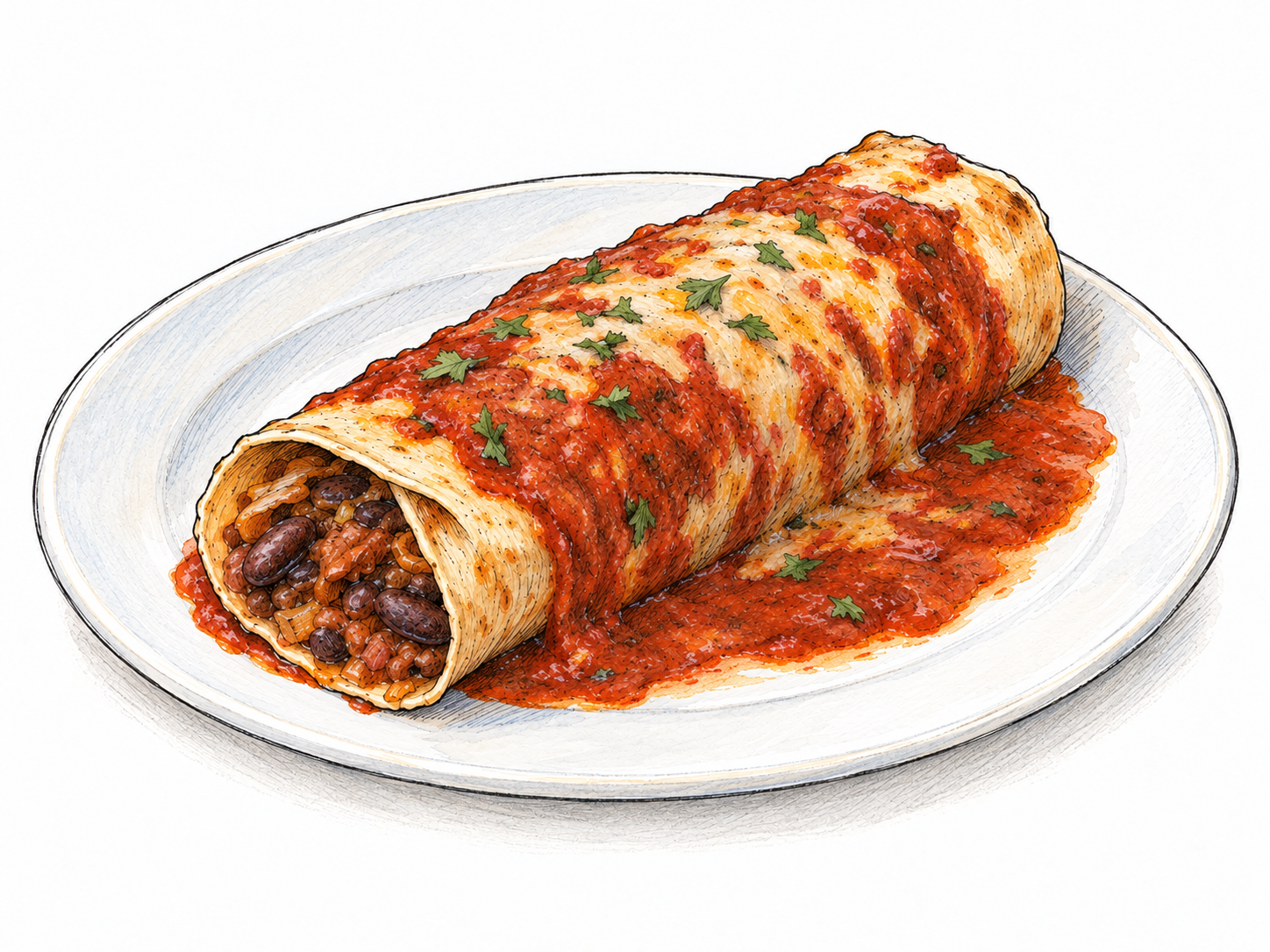 A single enchilada on a plain plate, its rolled tortilla covered with red chili sauce and one open end clearly revealing the filling.