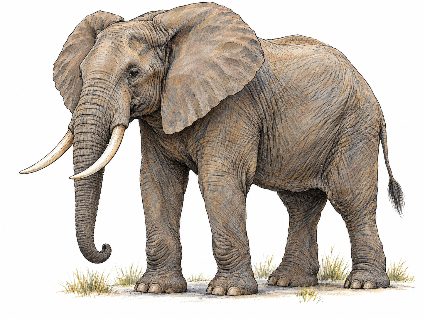One adult African savanna elephant in a clear three-quarter view, showing its massive body, broad ears, two tusks, and long lowered trunk.