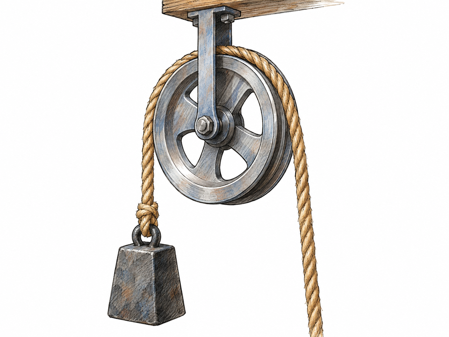 A close three-quarter view of a single suspended pulley, with rope seated visibly in its grooved wheel and a small weight hanging from one rope end.