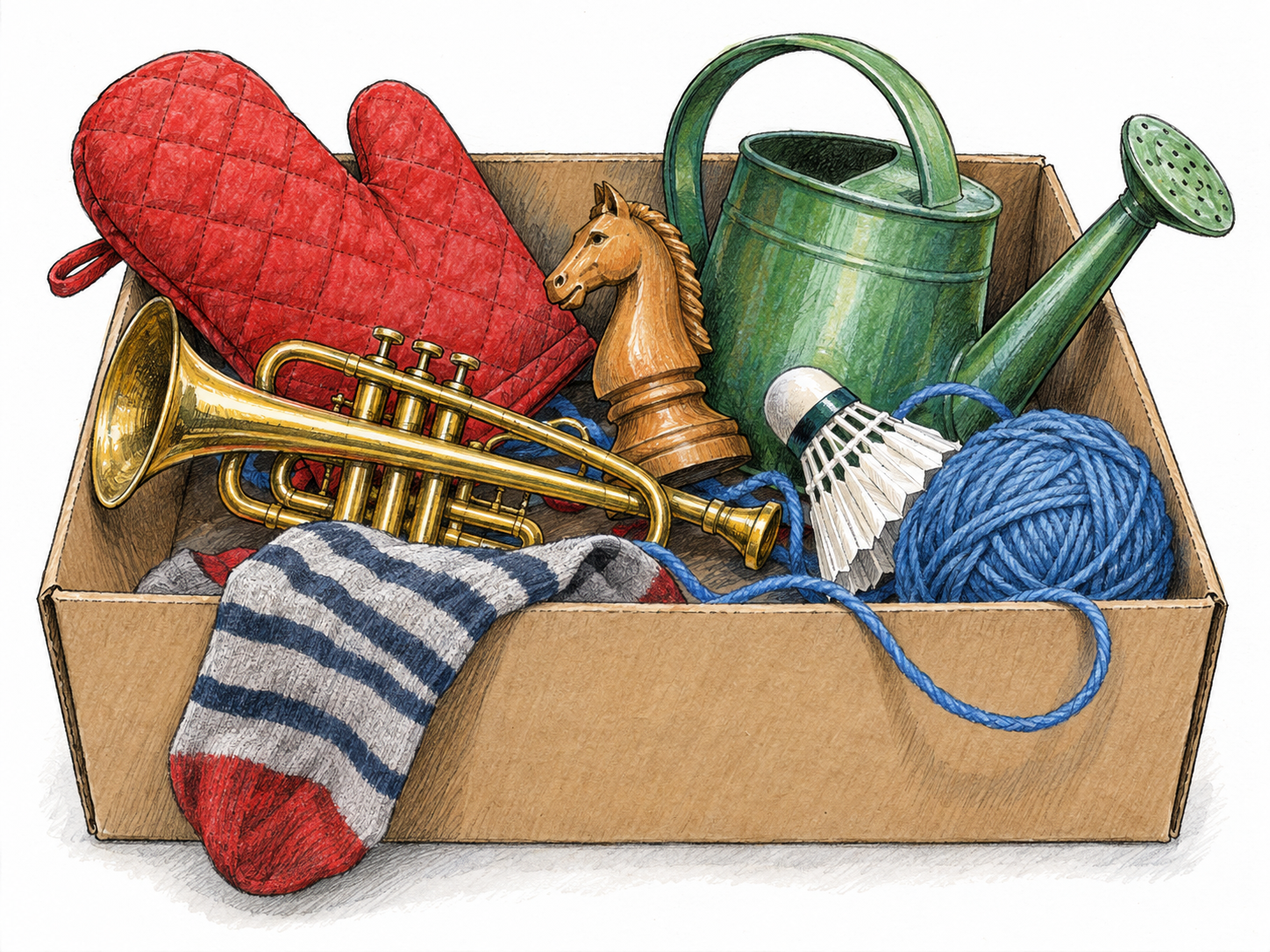 A shallow open box overflowing with a tangled, unsorted assortment of unrelated household objects, emphasizing confused mixture rather than a coordinated collection.