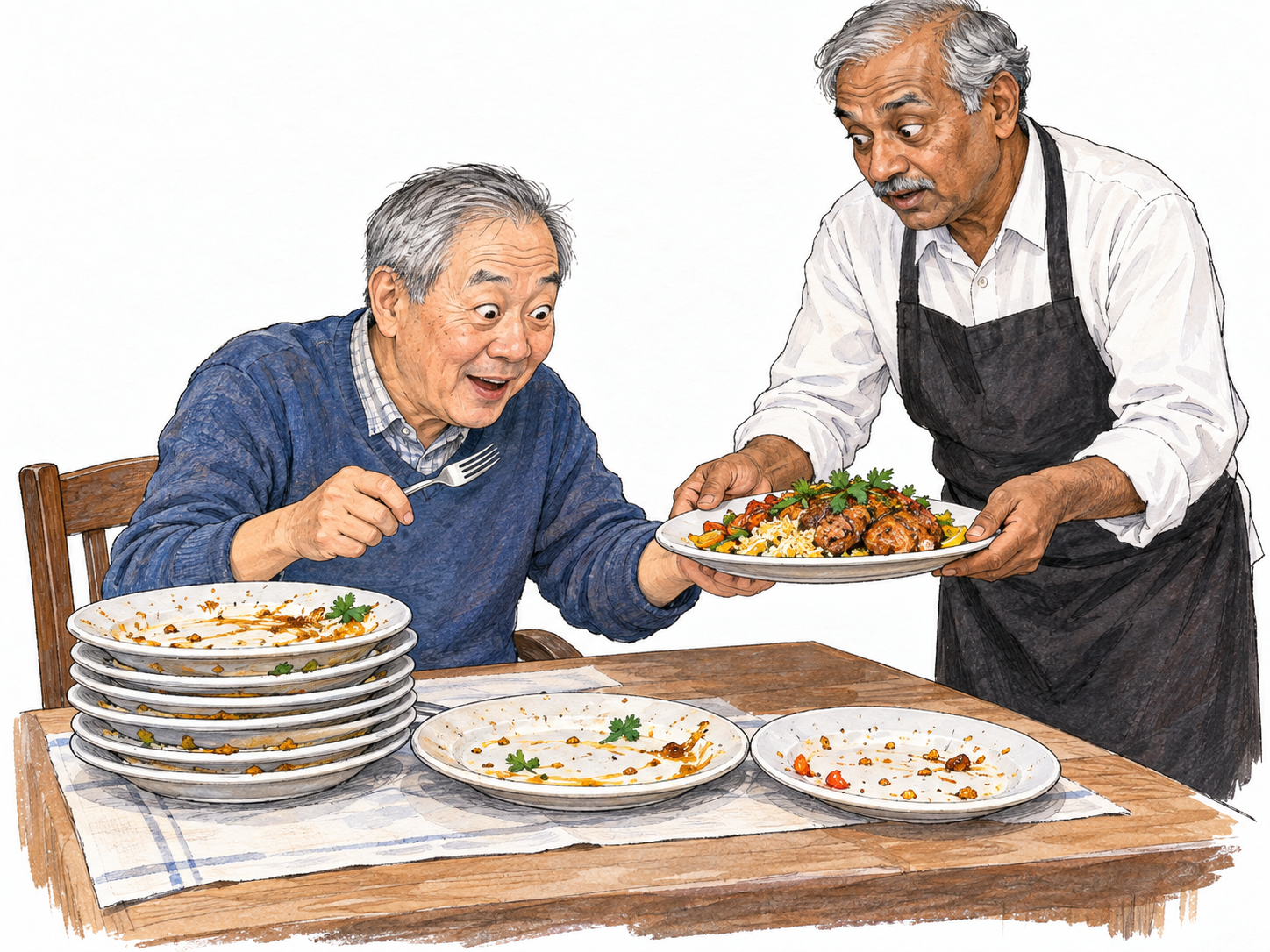 Surrounded by evidence of many finished servings, a diner eagerly reaches for another substantial meal, visibly undeterred by how much he has already eaten.