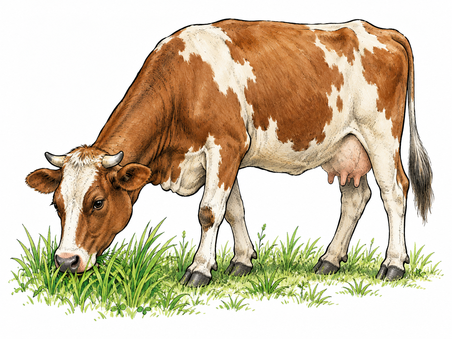 A cow lowers its head and crops living grass, with the muzzle actually meeting the plants; feeding action clear.