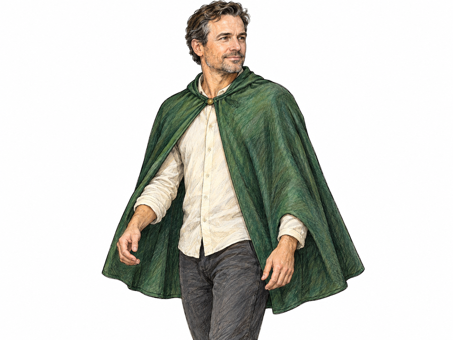 A man wears a short, open-front cape fastened at the neck.