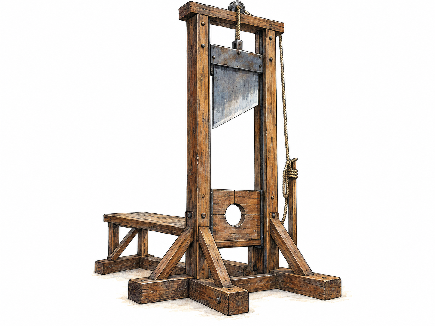 An unoccupied historical guillotine with its raised angled blade, tall guide rails, rope mechanism, and unmistakable circular neck opening clearly visible.