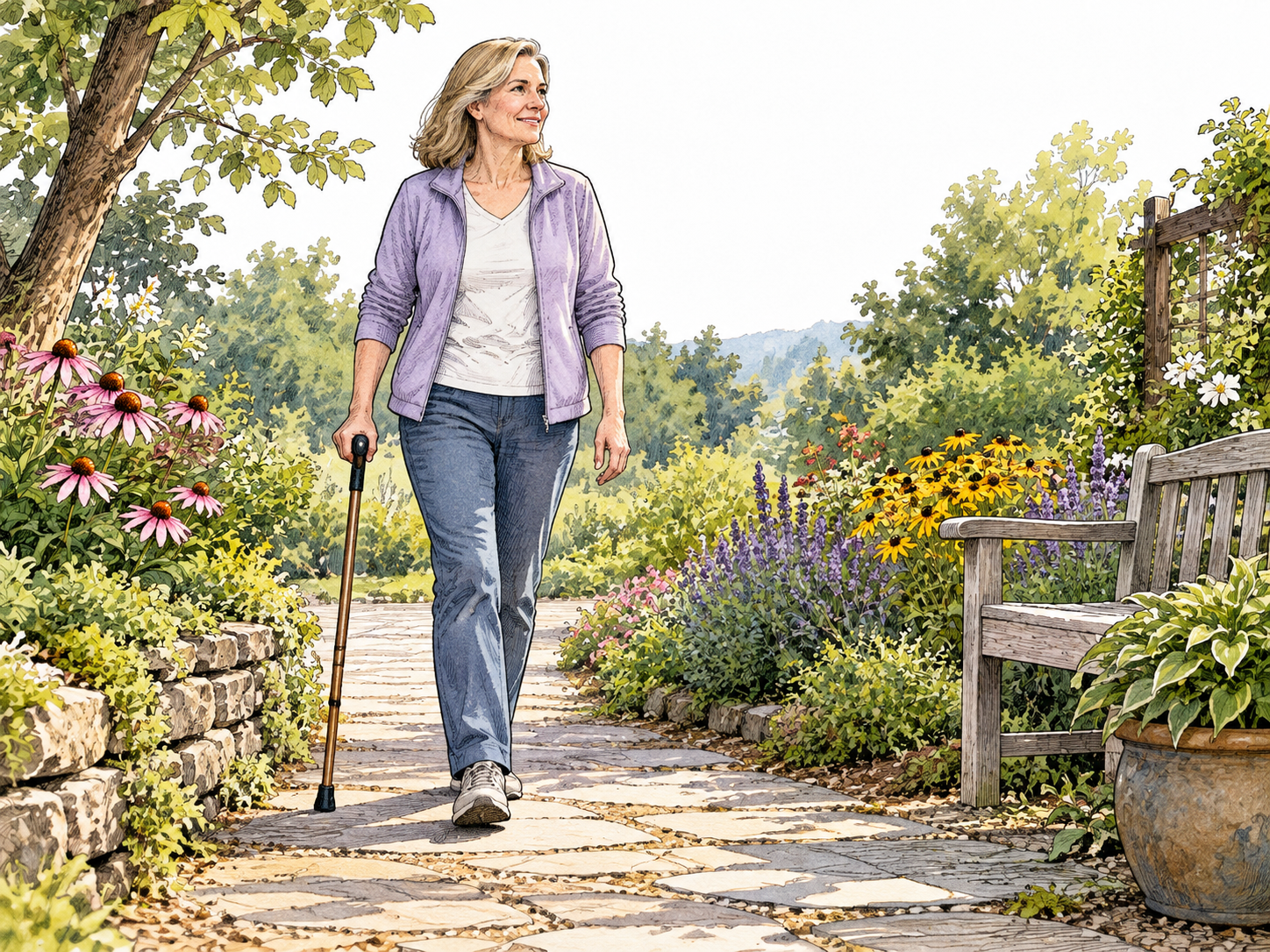 White woman recovers strength through gentle garden walking with cane.