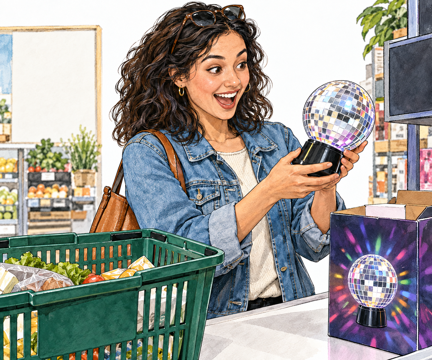 An adult impulsively buys a flashy novelty while leaving their planned shopping list unread in a basket.