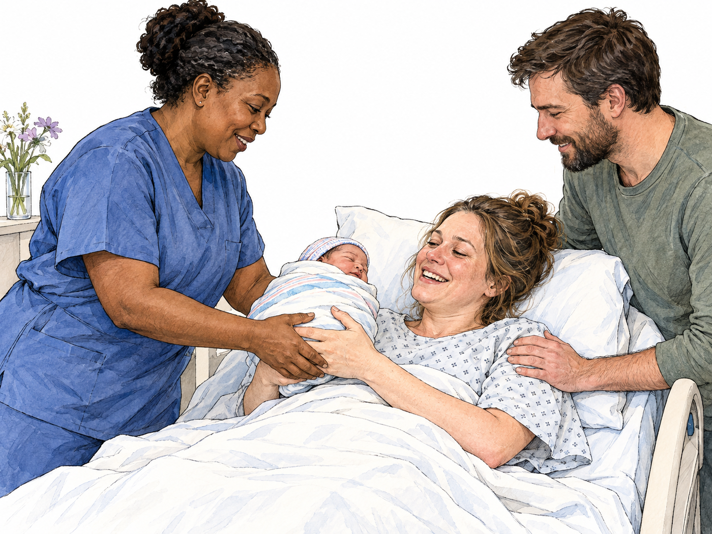 A midwife places a freshly swaddled newborn into the waiting arms of its mother on a maternity bed.
