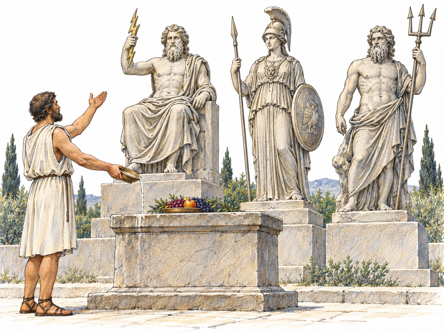 An ancient Greek worshipper presents an offering at a shared altar before three distinct deity statues: Zeus with a thunderbolt, Athena with helmet and shield, and Poseidon with a trident.