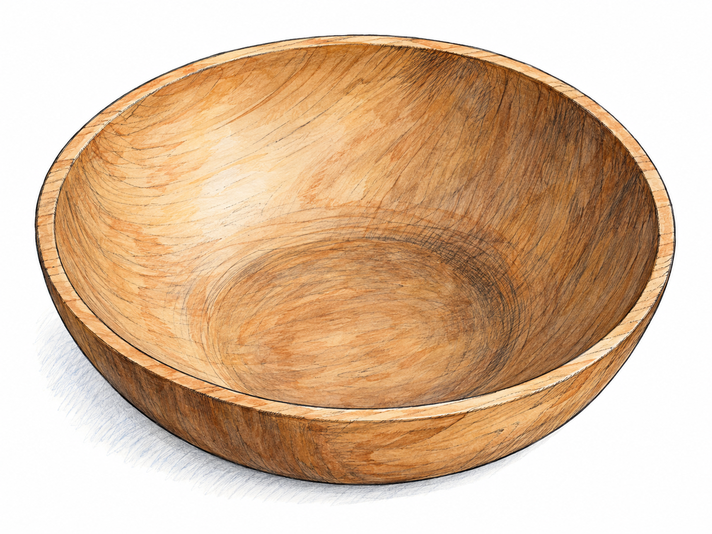 A single shallow wooden bowl viewed obliquely from above, with its broad inward-curving interior clearly exposed.