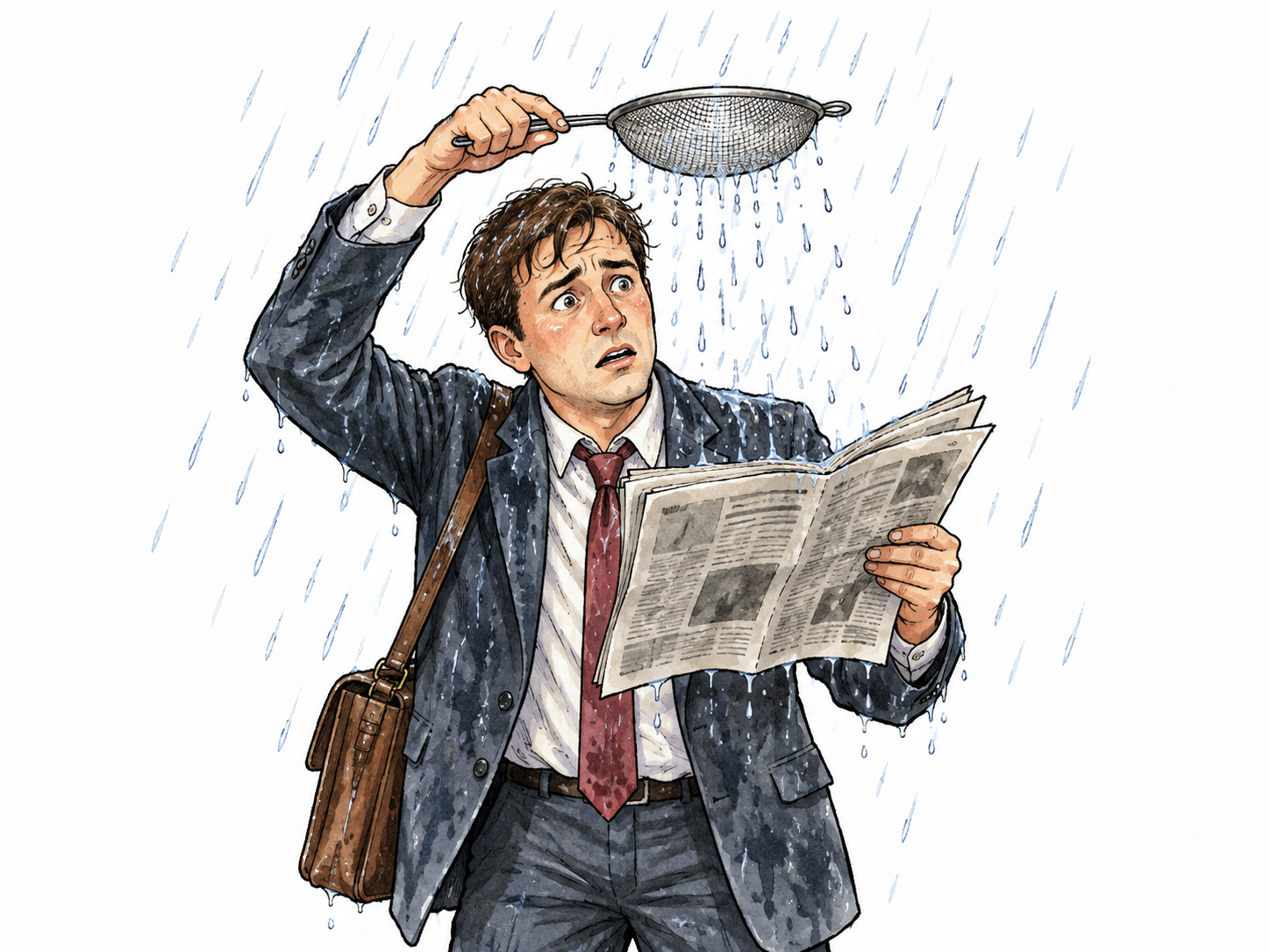 A fully dressed adult tries to keep a newspaper dry by holding a small sieve over it in the rain; the foolish ineffective choice is obvious, no lettering visible on the paper.