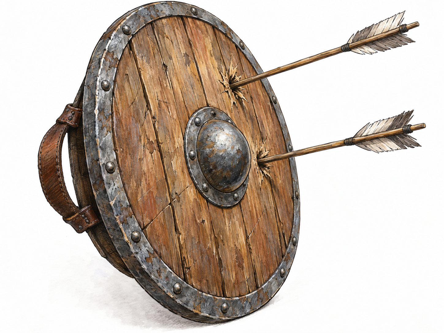 A handheld wooden shield with an iron rim intercepts arrows: two arrows are lodged in its outer face, while its curved edge and visible rear handgrip distinguish it from an archery target.