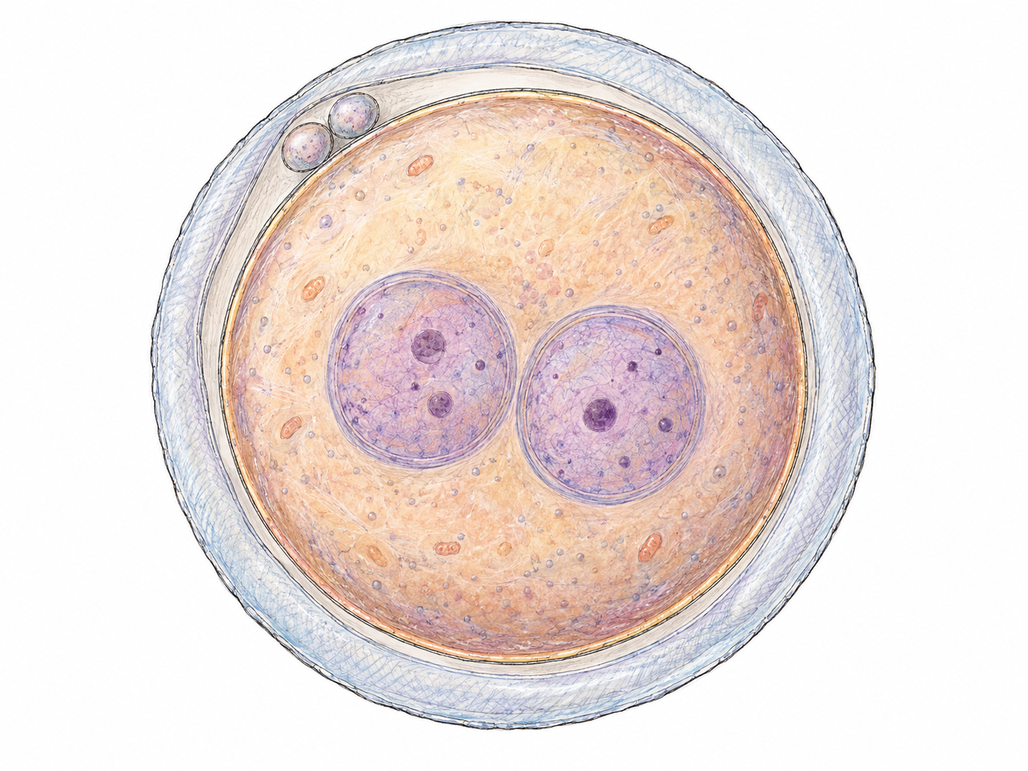 A magnified early mammalian zygote: one undivided fertilized egg enclosed by a clear zona pellucida, containing two adjacent pronuclei, with two tiny polar bodies at its edge.