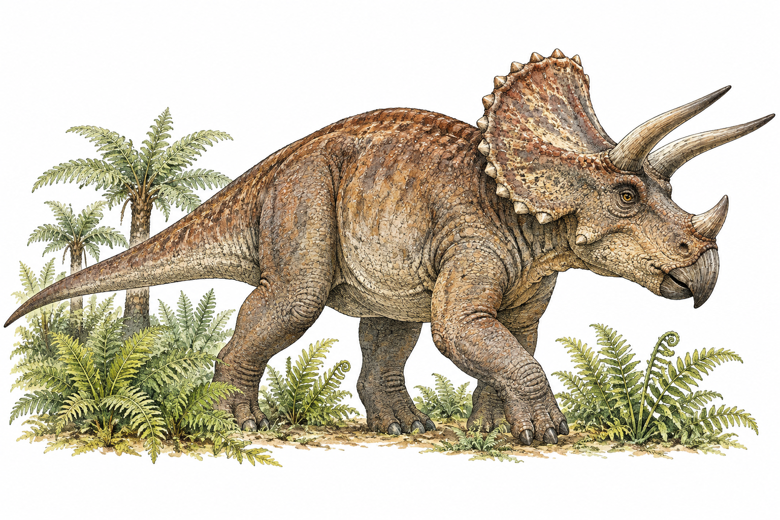 Accurate Triceratops dinosaur walks through prehistoric fern landscape, three facial horns and neck frill, no people.
