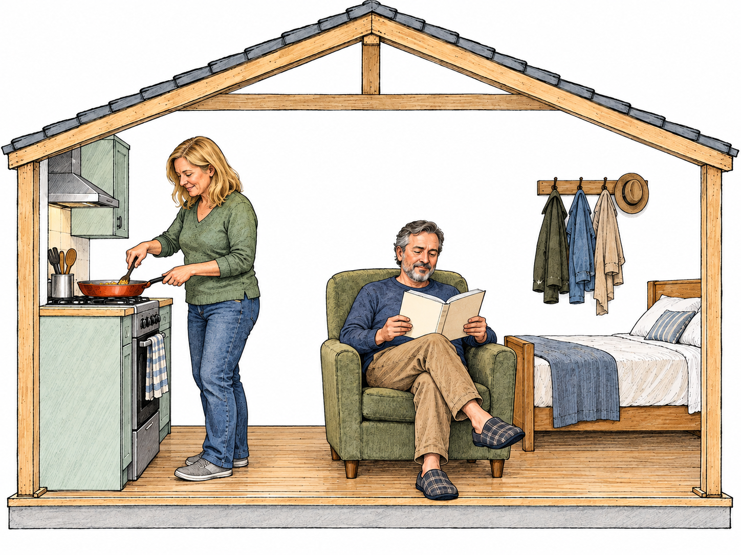 A simple cutaway of a small occupied home shows two residents settled into everyday domestic life: a woman cooking and a man reading in slippers, with a bed and hanging personal clothes visible nearby.