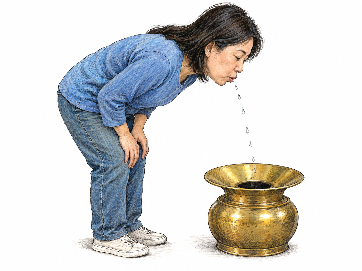 A woman bends slightly to spit into a low brass spittoon, making the vessel’s purpose visible through its flared opening and the small droplets entering it.