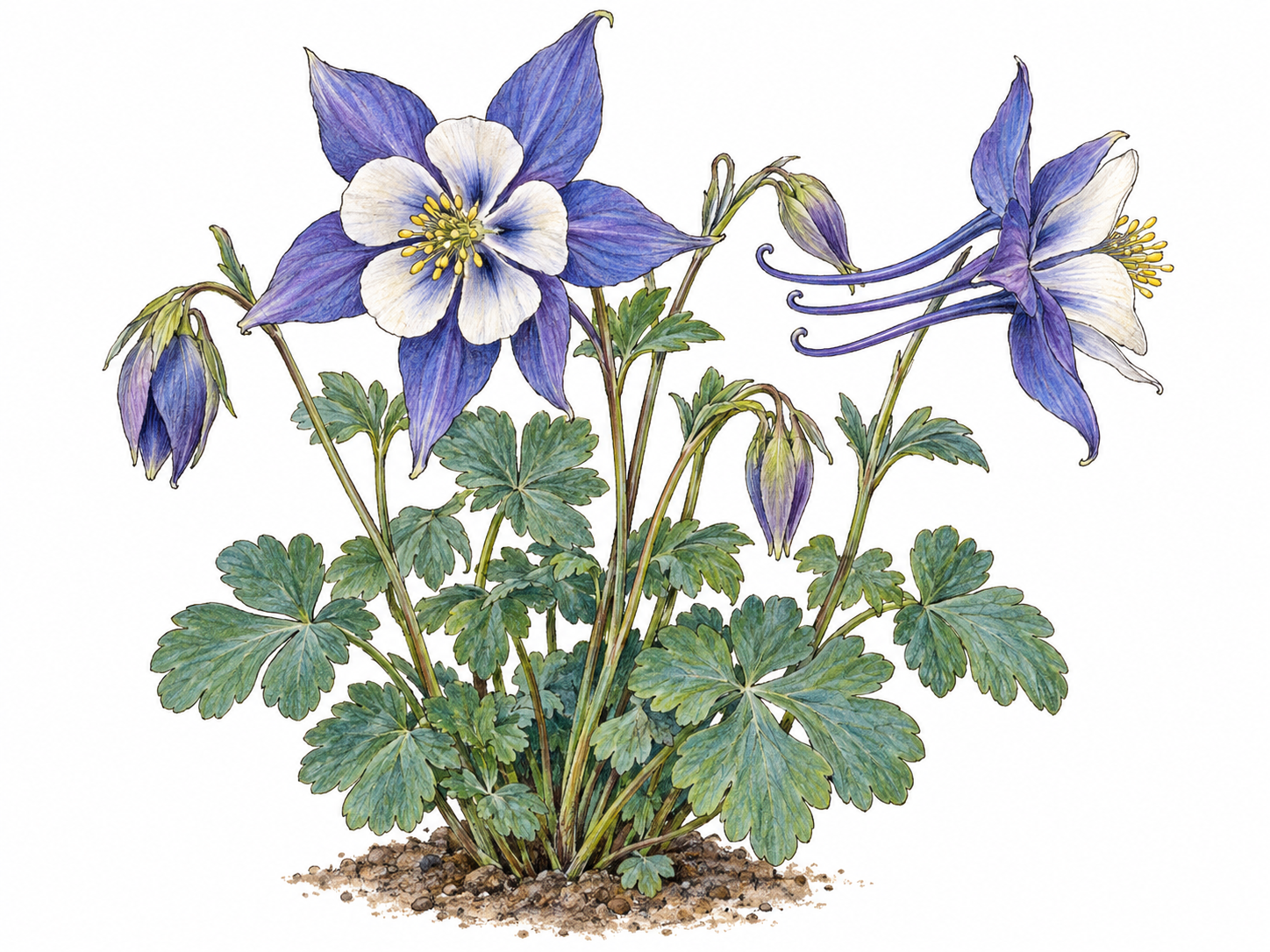 A flowering columbine plant with blue-violet and white blossoms, shown from complementary angles so its distinctive backward-projecting nectar spurs and divided leaves are unmistakable.