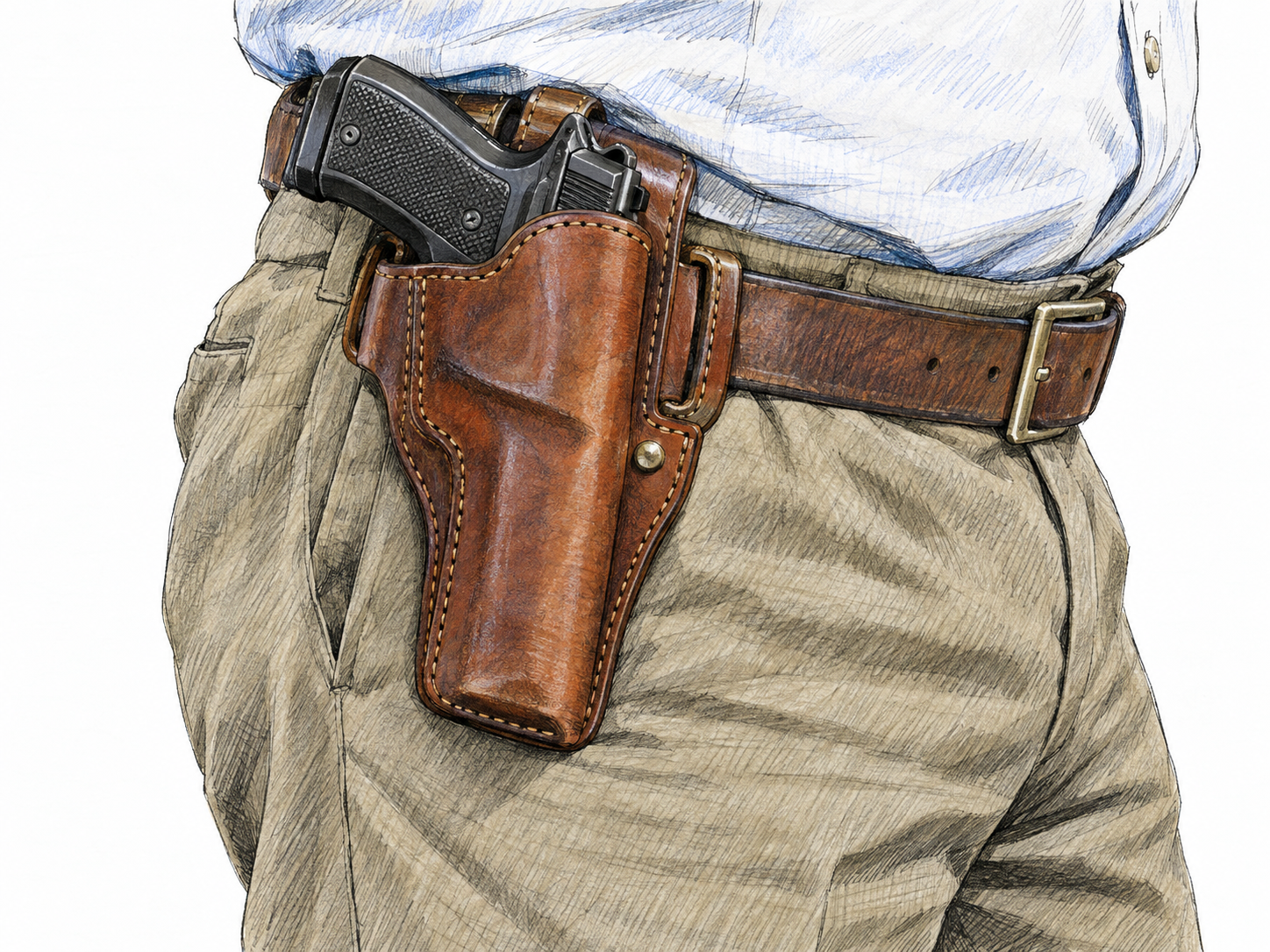 A close view of a leather handgun holster worn on a man's belt, with the handgun securely seated and its grip visible above the fitted case.
