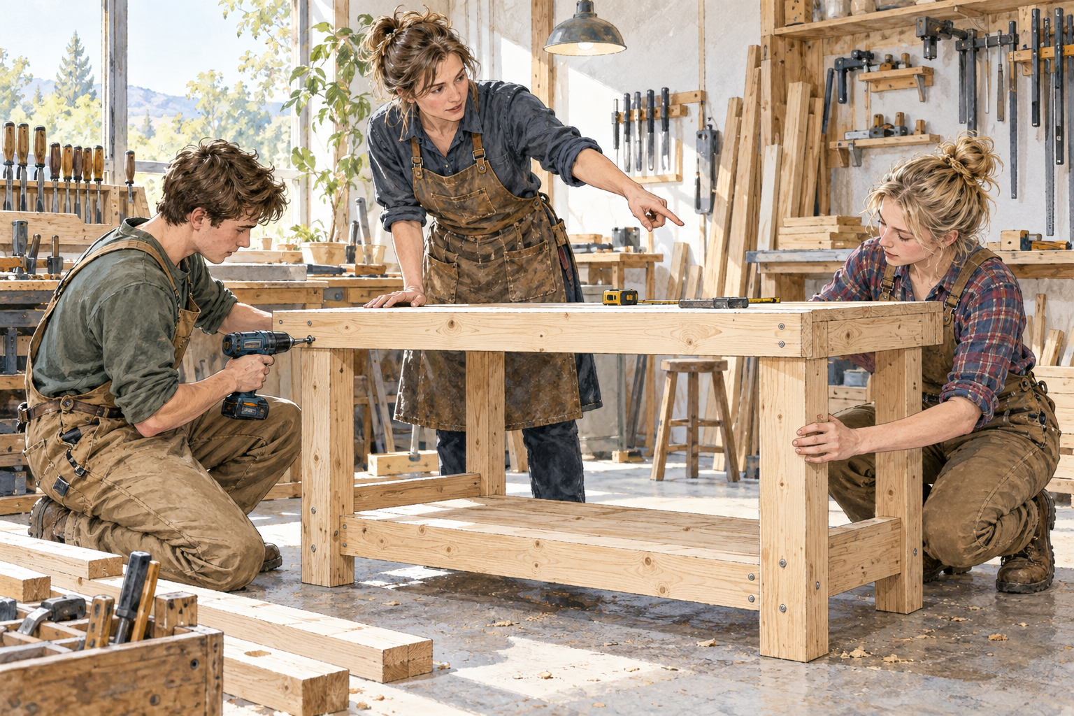 A female carpenter supervises apprentices assembling a workbench, observes and gives clear practical direction.