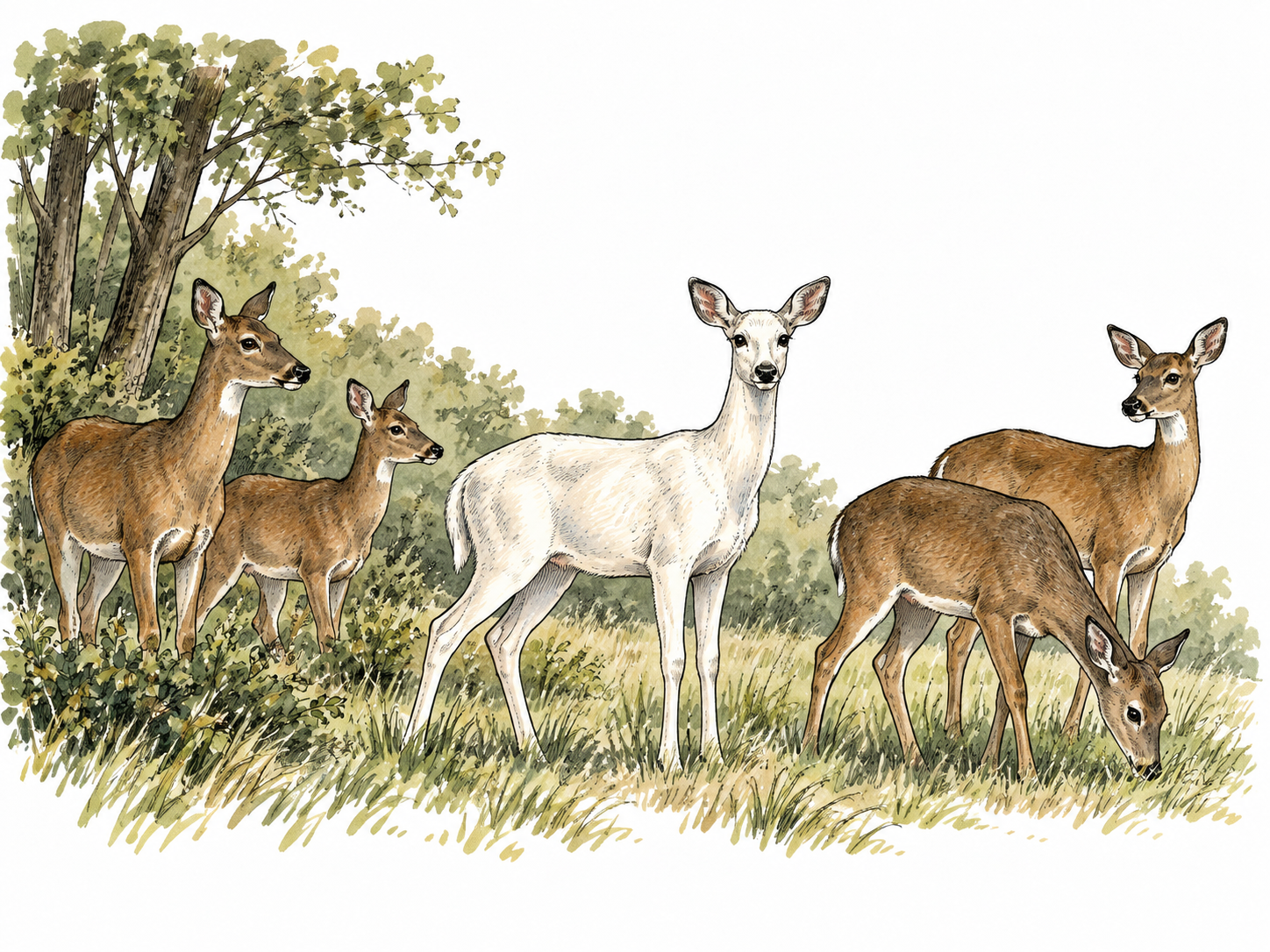 One unusual white deer stands among several ordinary brown deer at a woodland edge, uncommon specimen.
