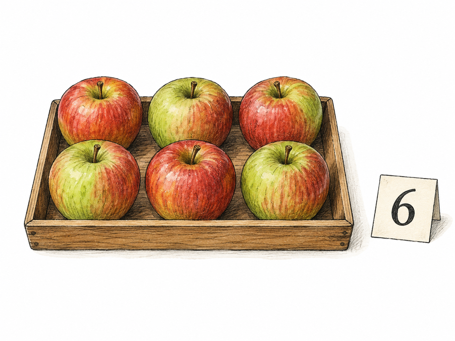 Exactly six apples sit in a simple shallow wooden tray as two neat rows of three; beside tray one small loose count card reads only '6'.