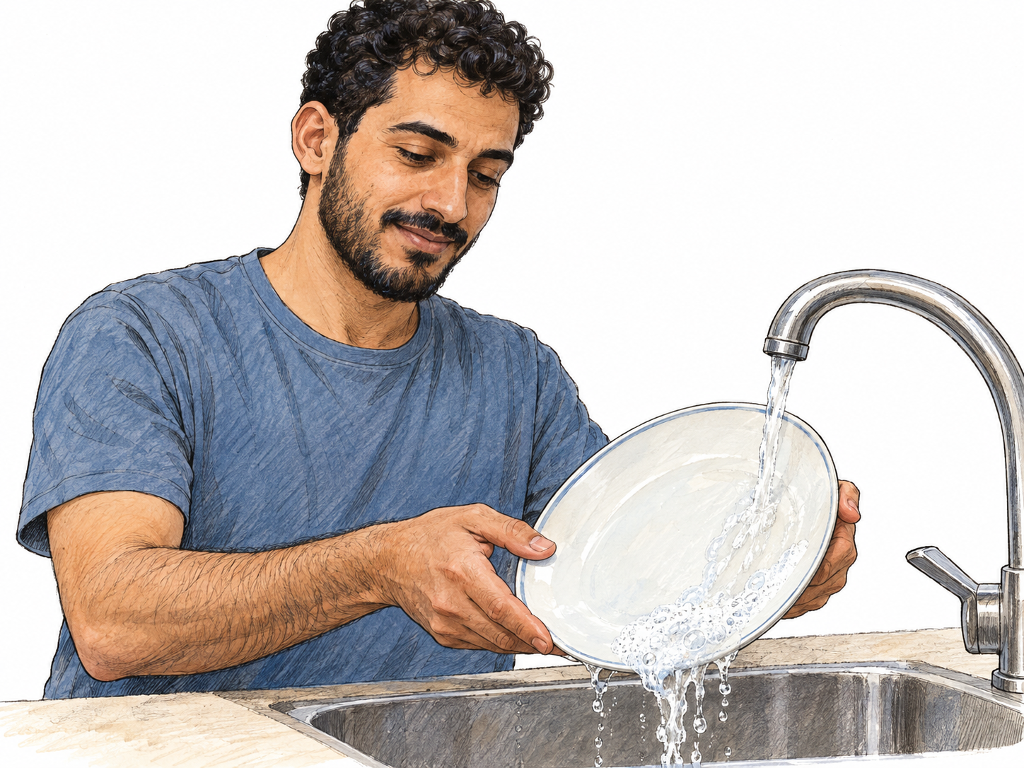 A man holds a lightly soapy plate under a gentle stream of clean tap water, letting the remaining suds flow off without scrubbing.